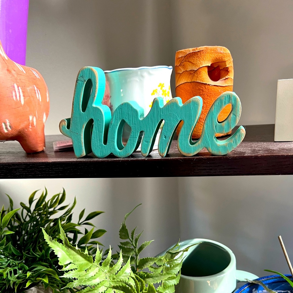 Teal wooden sign that says home in cursive | stand alone sign | farmhouse decor